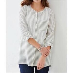 J. Jill white and tan stripe 100% cotton long sleeve button down tunic
